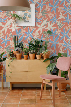 salon orange papier peint bouquet hyacinthe fleur adhésif luxe