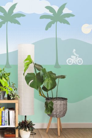 vert salon papier peint adhésif evasion tropicale cocotier panoramique