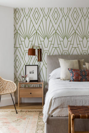 Green bedroom wallpaper ethnic chic geometric trend