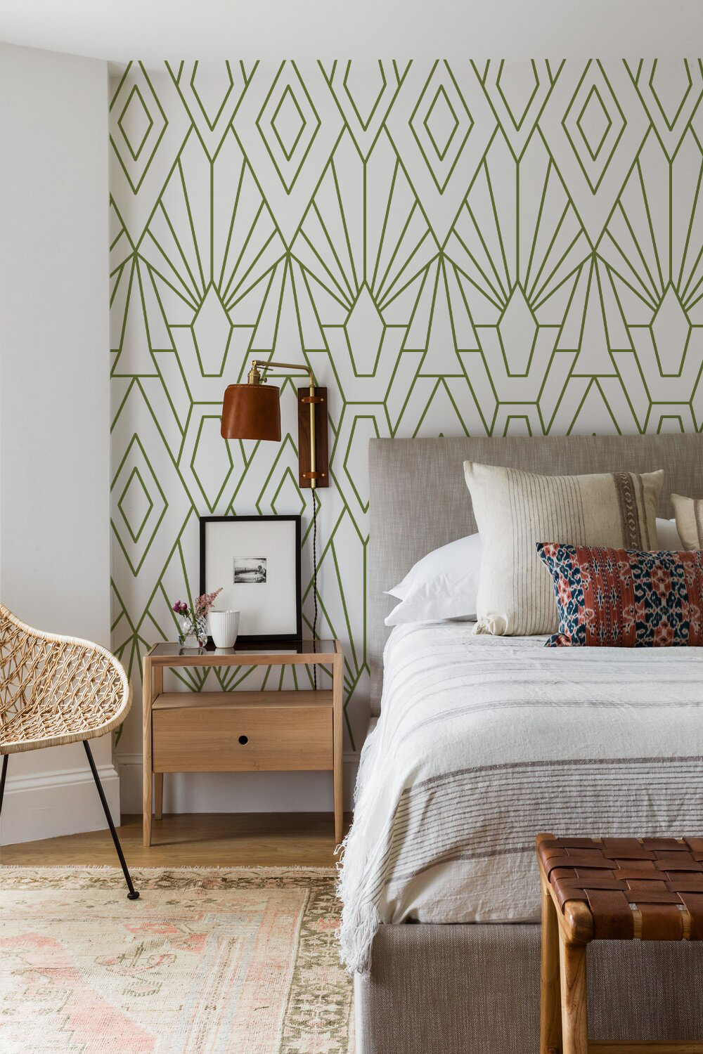 Green bedroom wallpaper ethnic chic geometric trend