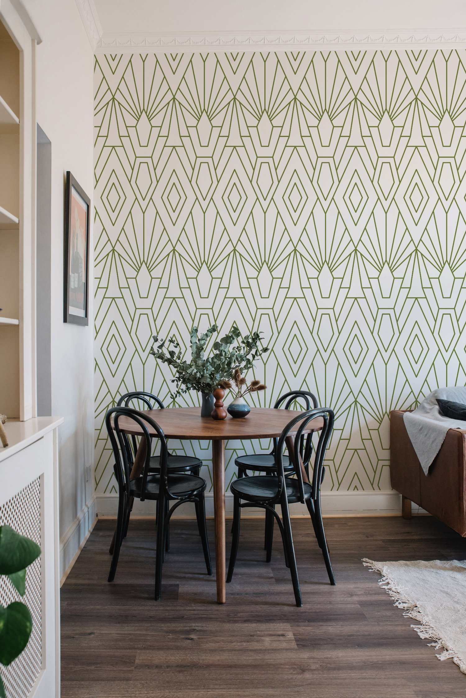 Living Room Green Ethnic Chic Geometric Trendy Wallpaper