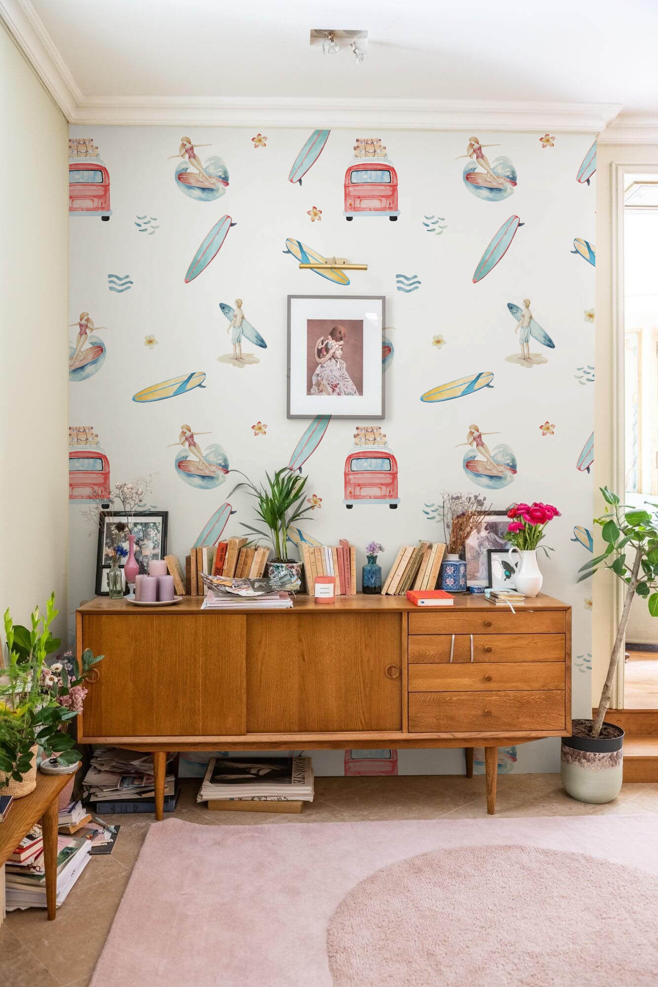 Vintage Surf_mockup33 Living Room Vintage Wallpaper Tropical Surf 60's Panoramic