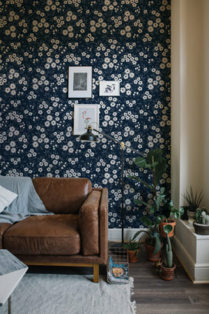 salon papier peint bleu fleurs sauvages floral vintage