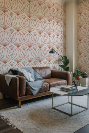 Living room terracotta geometric gatsby wallpaper