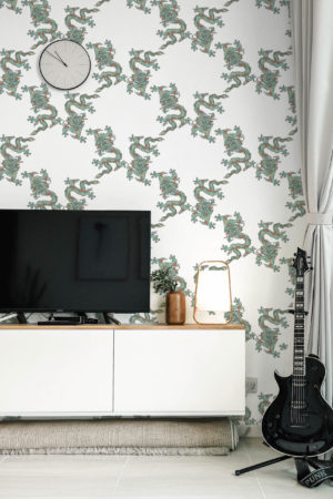 salon papier peint vert dragon japonais intissé tendance