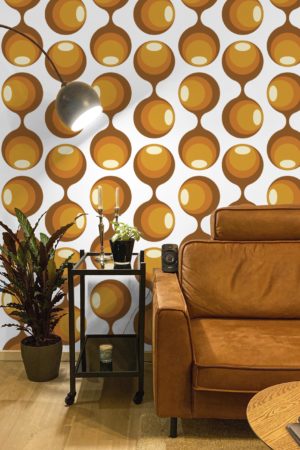 salon papier peint fusion vintage orange retro année 70 80
