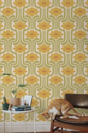 salon papier peint jaune printemps fleurs vintage