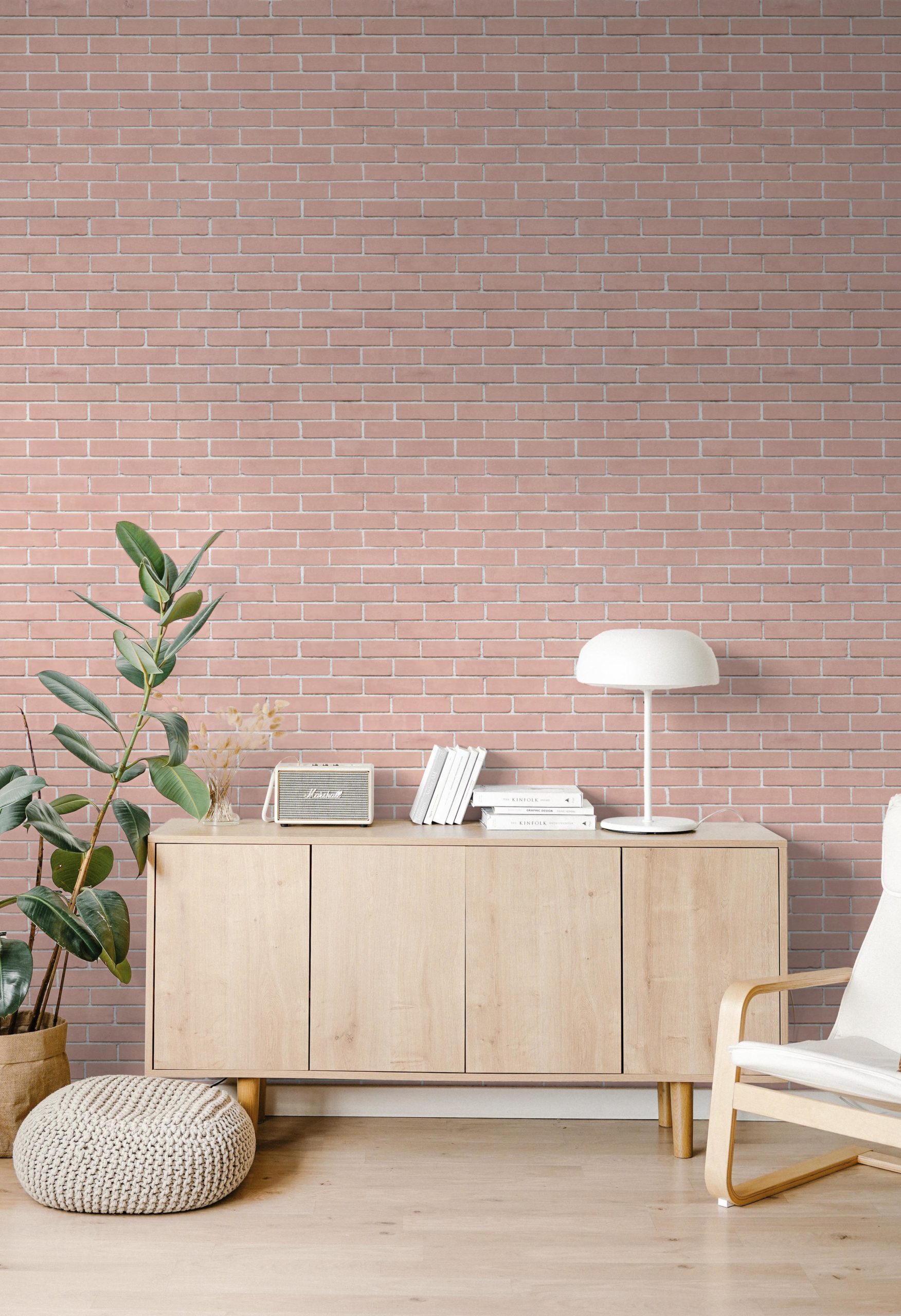 Living room pink wallpaper trendy panoramic bricks
