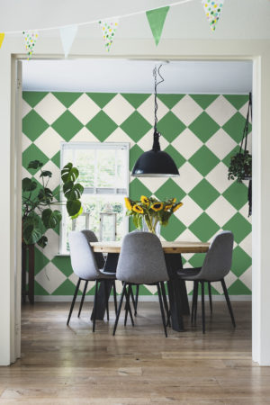 Living room green wallpaper checkerboard trendy geometric feel