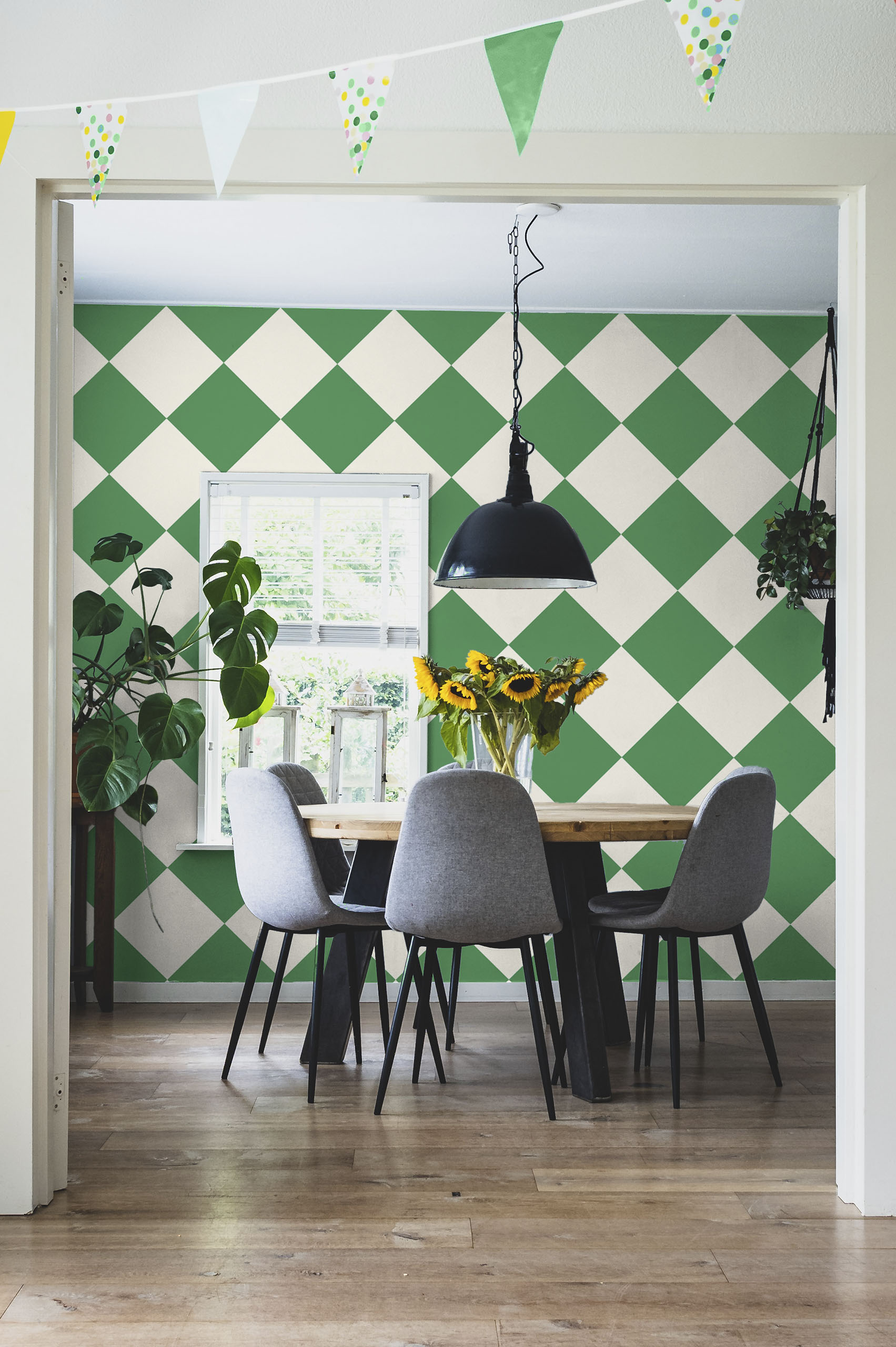 Living room green wallpaper checkerboard trendy geometric feel