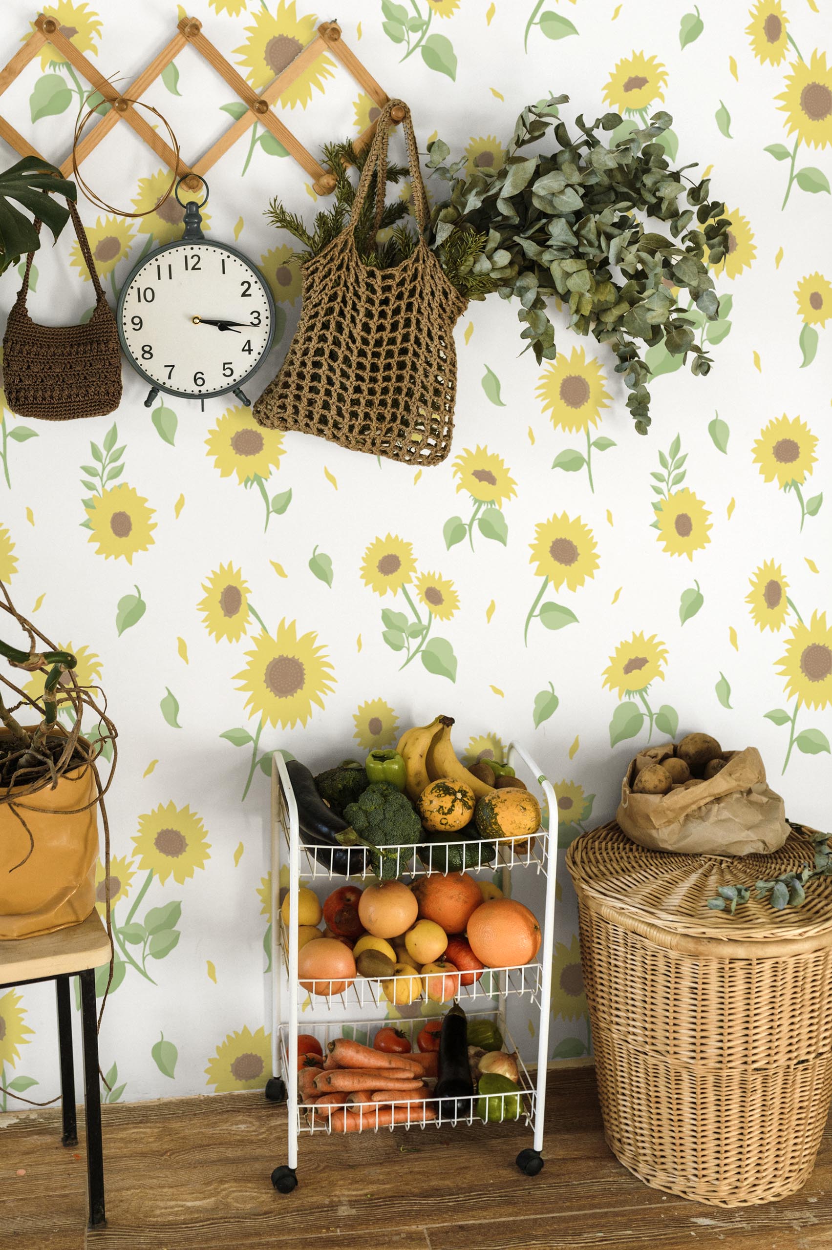 N406 White Sunflower Kitchen Wallpaper White kitchen wallpaper sunflower floral summer trend