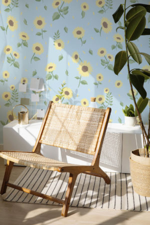salon blanc papier peint tournesol floral été tendance