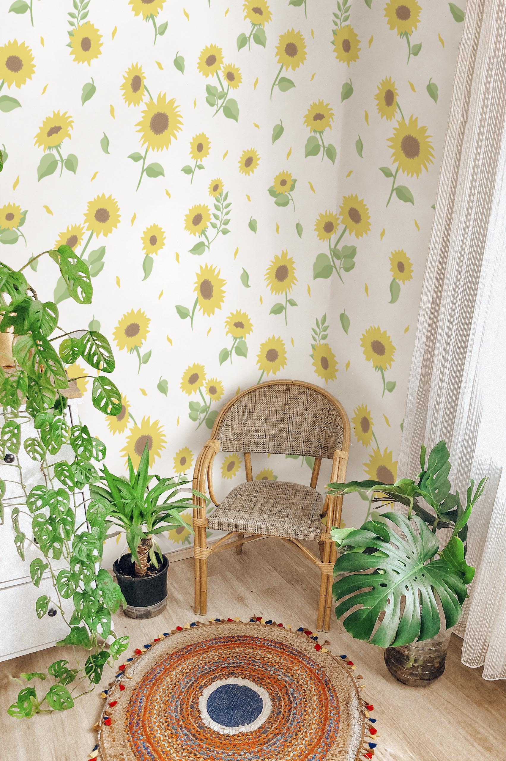N406 Living Room White Sunflower Wallpaper Living room white sunflower floral summer trendy wallpaper
