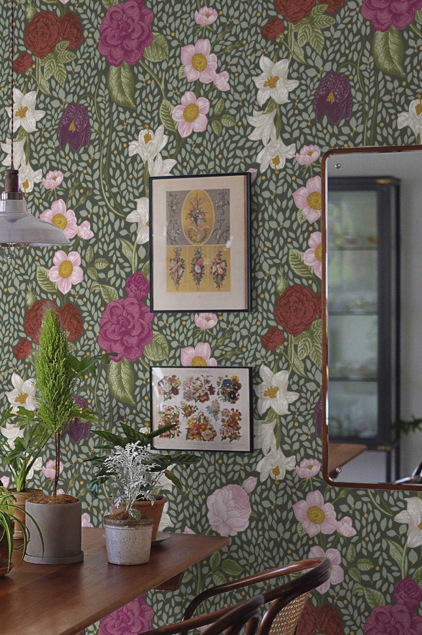 salon violet papier peint floral jardin sauvage vintage