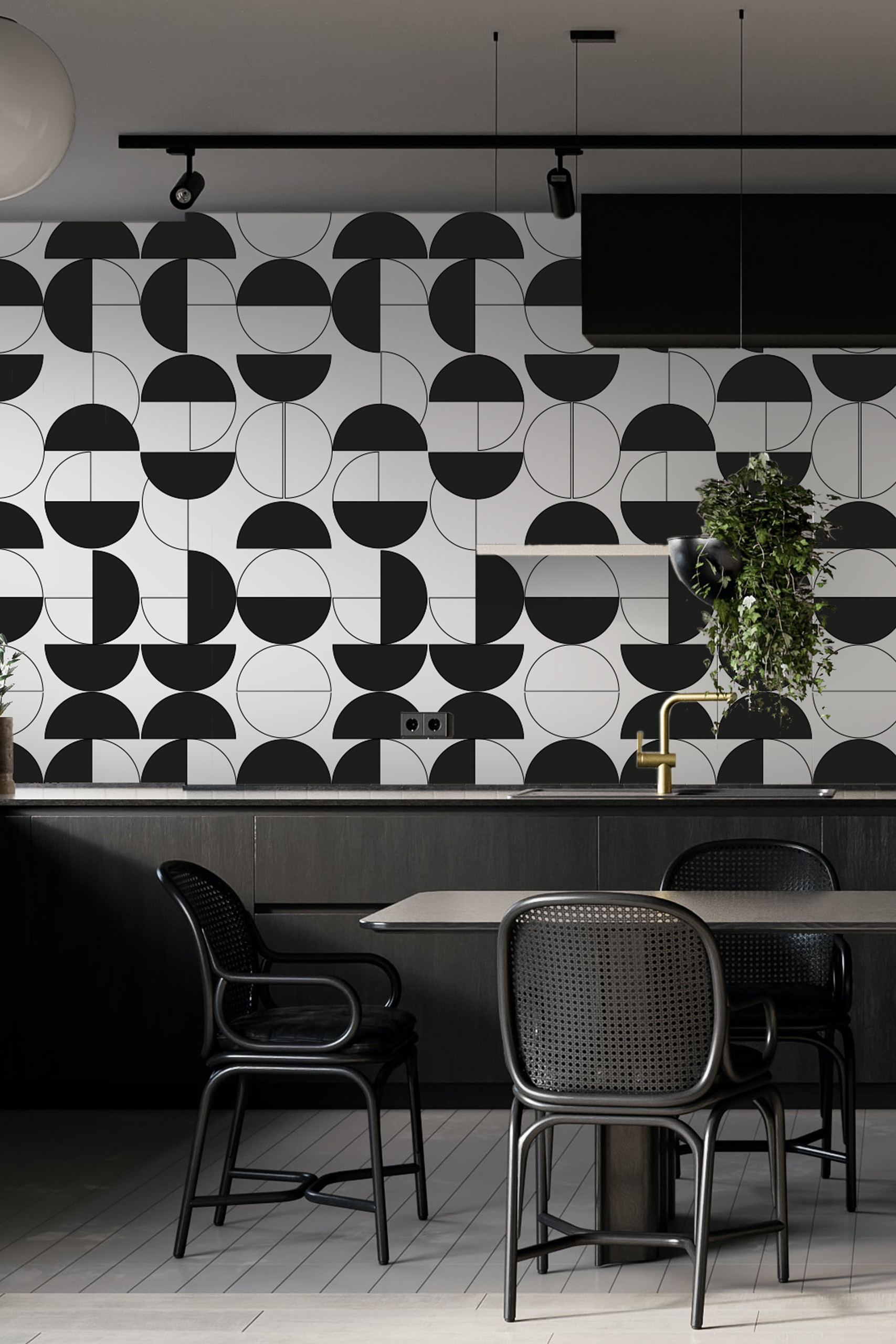 N418 Black And White Geometric Retro Living Room Wallpaper