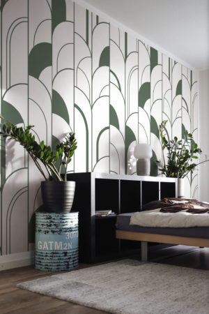 room green geometric wallpaper half arch art deco panoramic