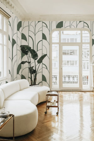living room green geometric wallpaper half arch art deco panoramic