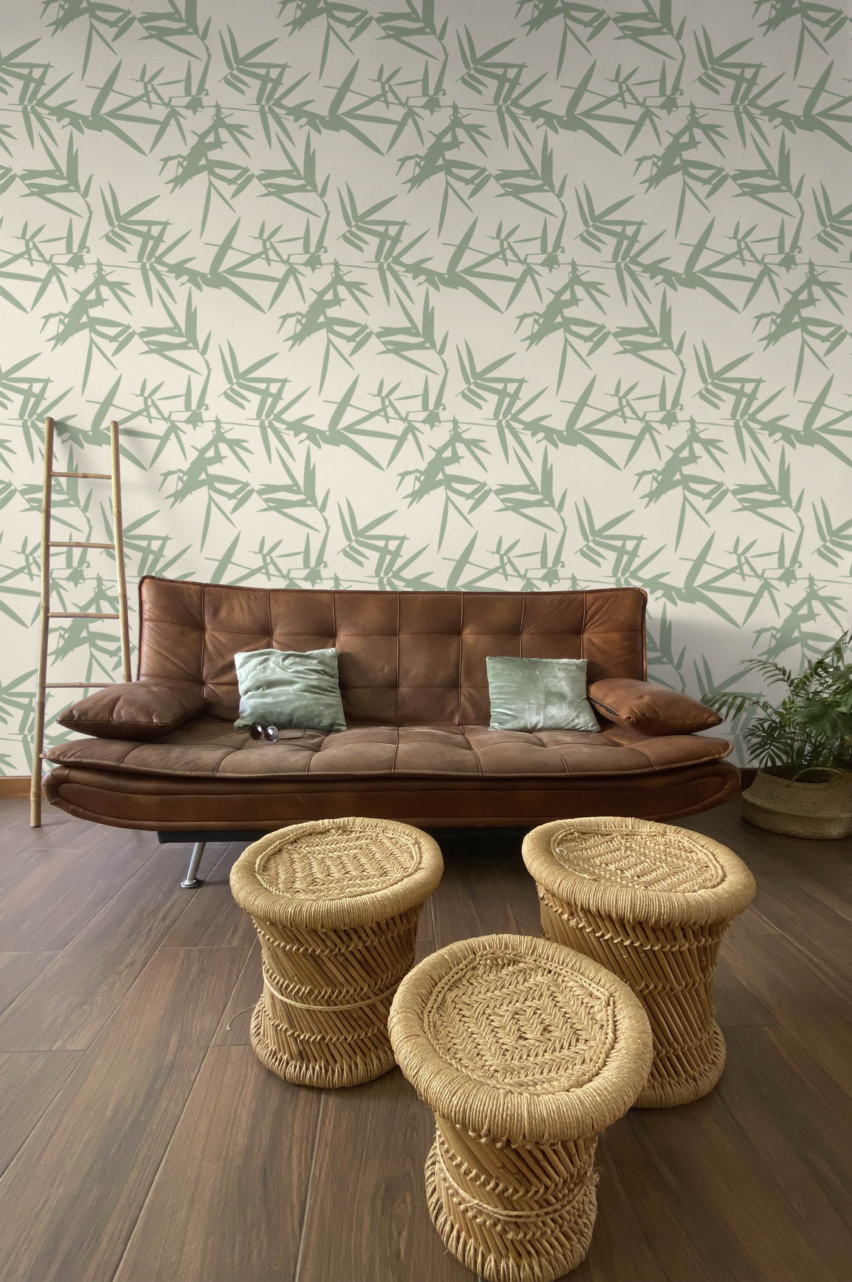 Living room dark green wallpaper bamboo leaves plant