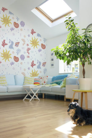 living room multicolor wallpaper shells and crustaceans sea urban pop