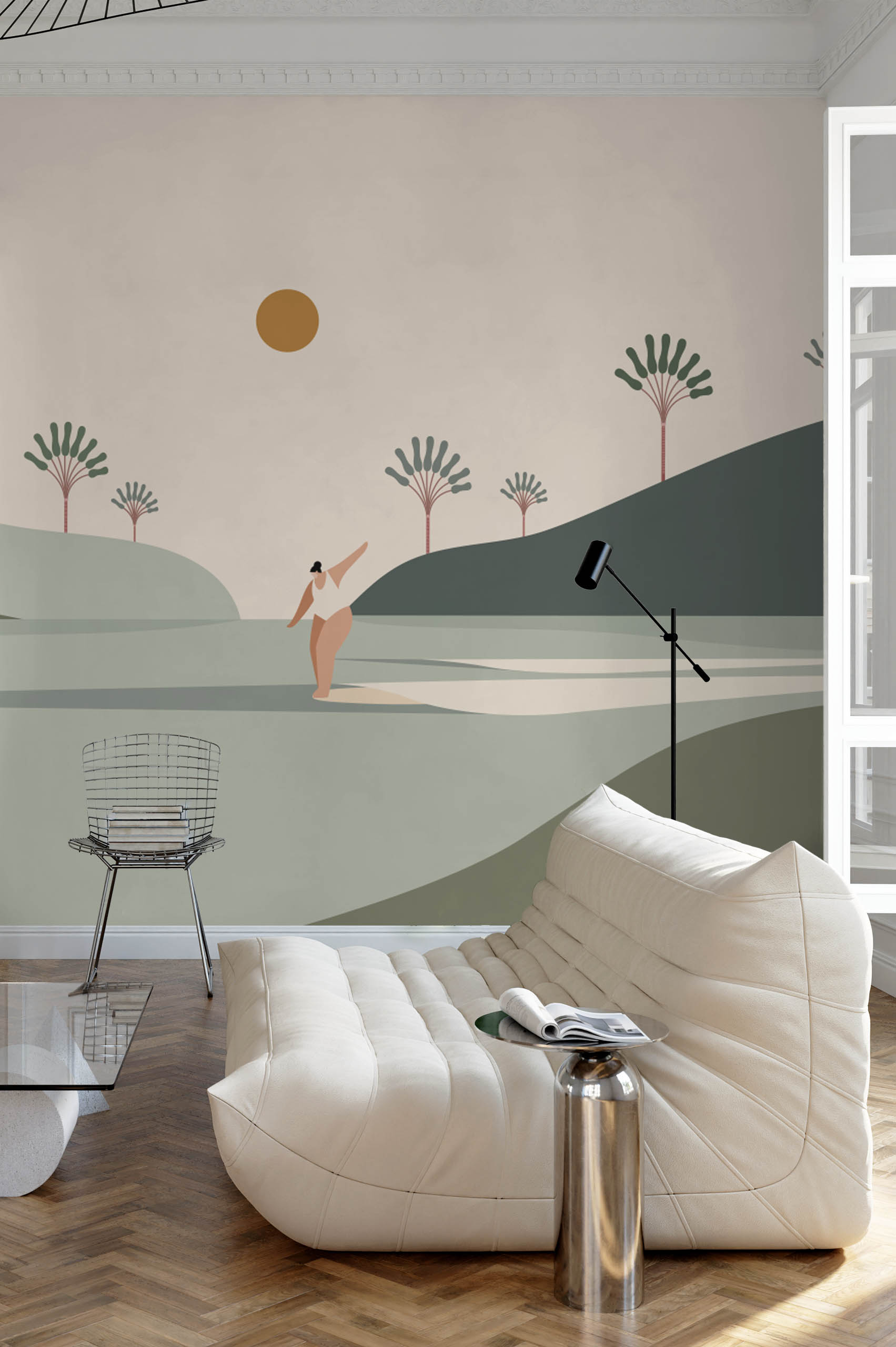 N438 Living Room Surf Landscape Wallpaper Living room multicolor pastel panoramic surf landscape wallpaper