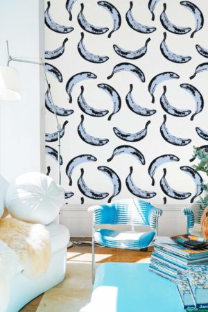 salon bleu papier peint banane pop art