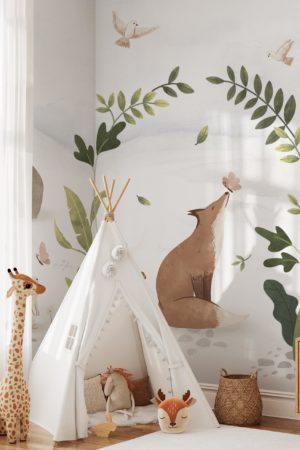 multicolored bedroom panoramic wallpaper forest animals child