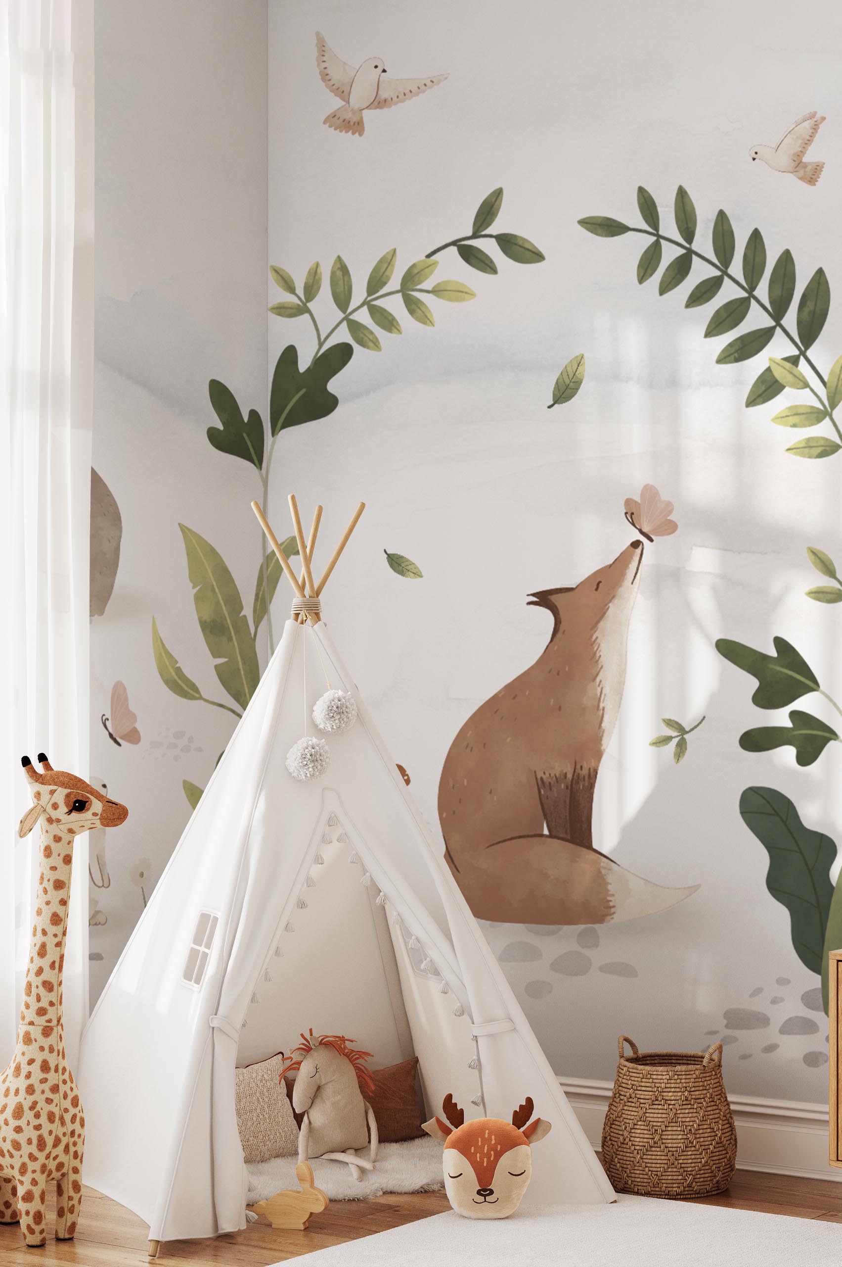 multicolored bedroom panoramic wallpaper forest animals child