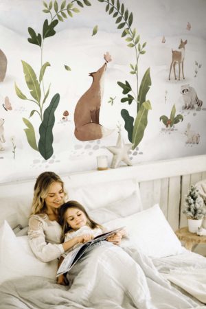 multicolored bedroom panoramic wallpaper forest animals child