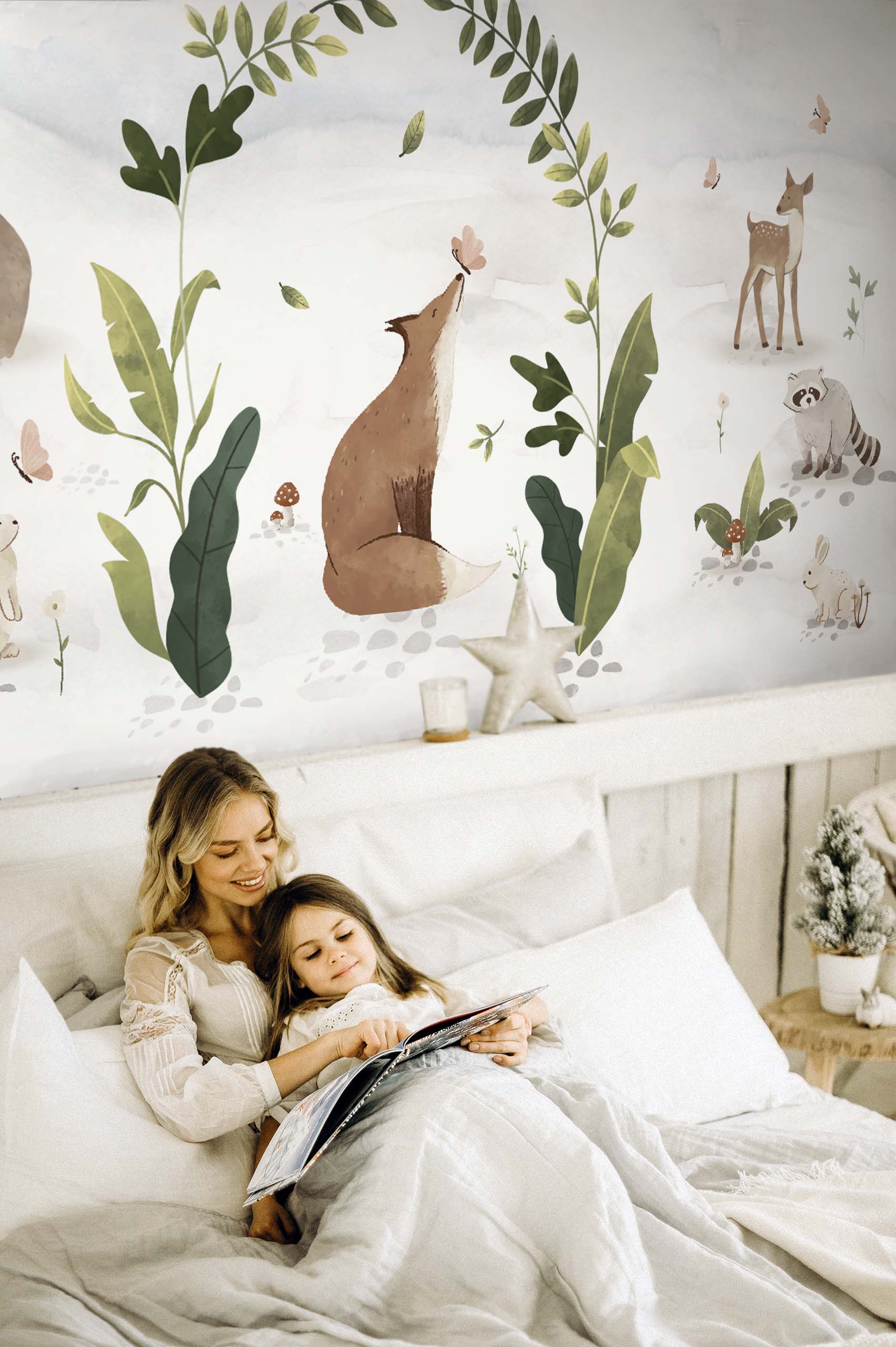 multicolored bedroom panoramic wallpaper forest animals child