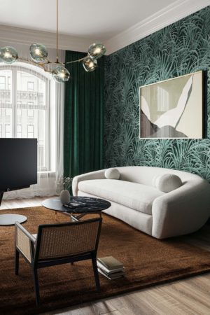 living room green wallpaper palm leaf trendy plant