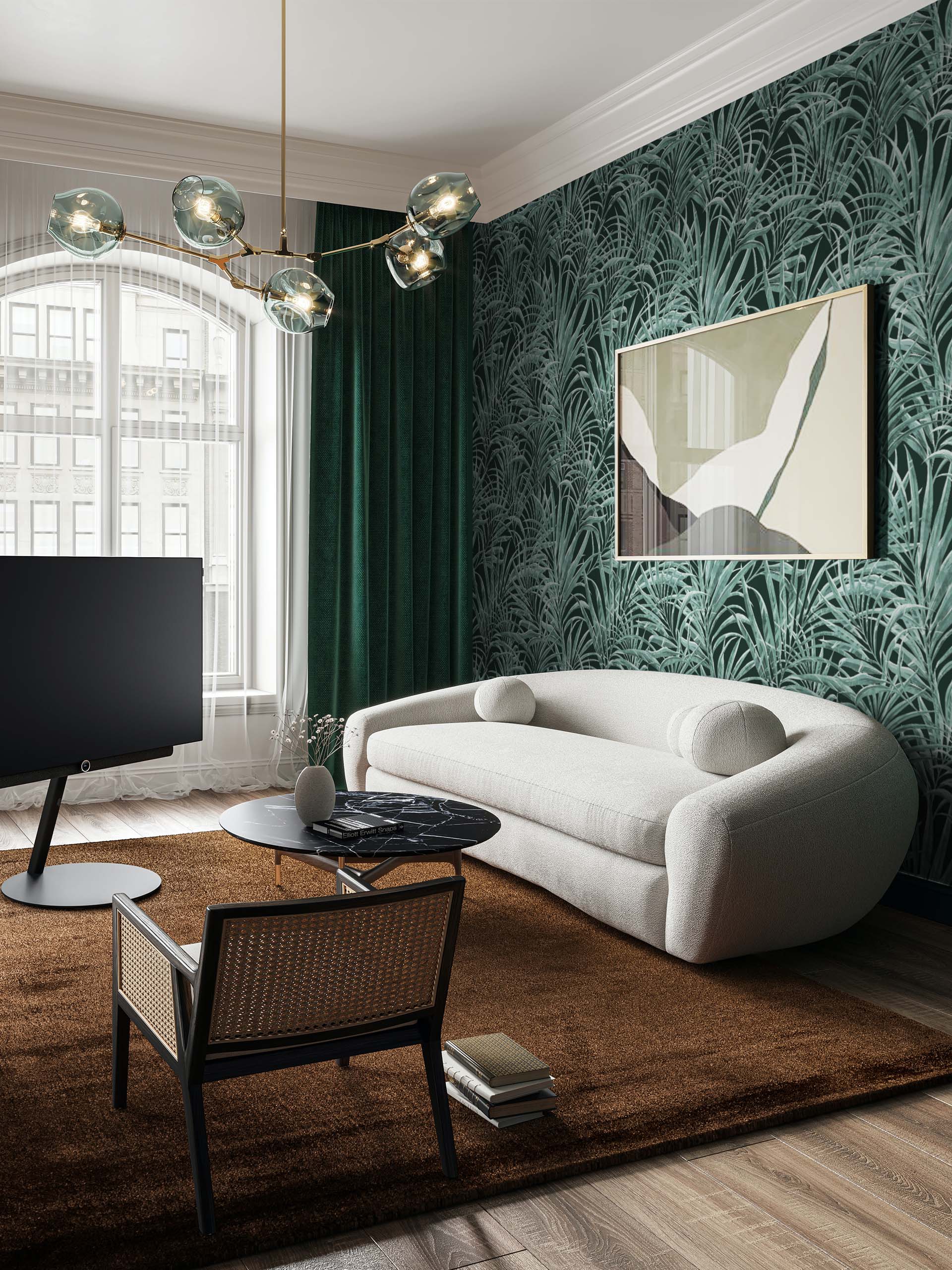 living room green wallpaper palm leaf trendy plant