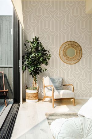Beige living room wallpaper semi circular arch art deco geometric