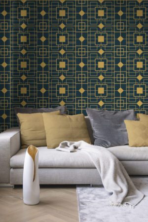 salon vert foncé papier peint géométrie vintage panoramique carré losange