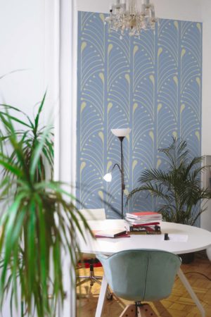 bureau bleu papier peint demi palmettes art déco vintage