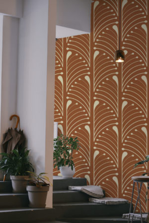 salon terracotta papier peint demi palmettes art déco vintage
