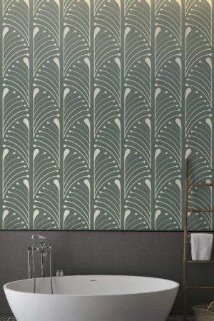 Green Bathroom Wallpaper Half Palmettes Art Deco Vintage