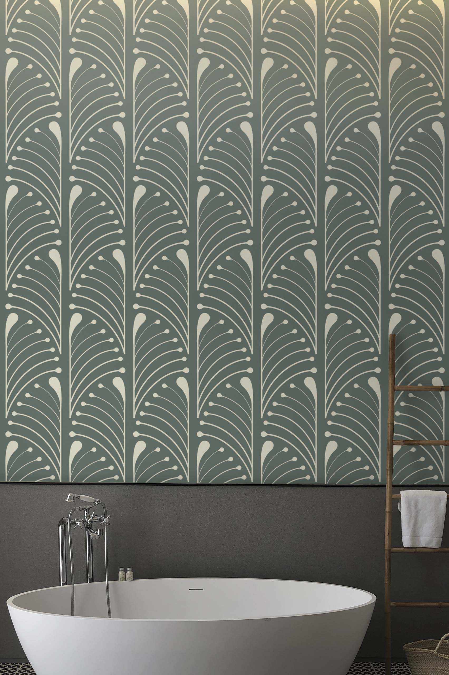 N448 Green Bathroom Wallpaper Half Palmettes Art Deco Green Bathroom Wallpaper Half Palmettes Art Deco Vintage