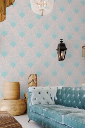 salon bleu papier peint coquillages élégance vintage ocean