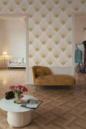 salon doré papier peint coquillages élégance vintage ocean