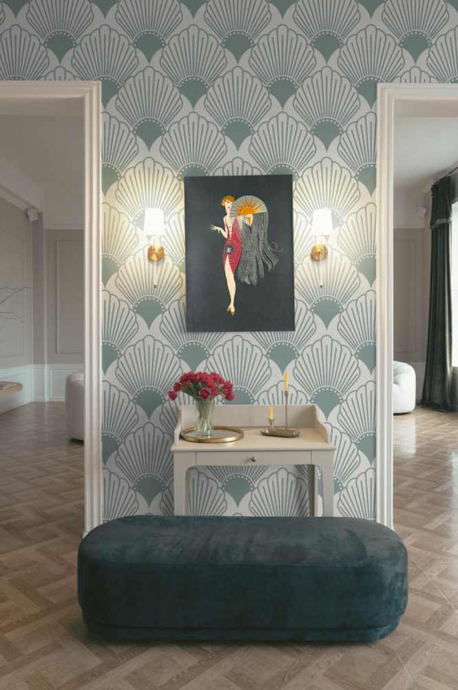 salon vert papier peint coquillages élégance vintage ocean