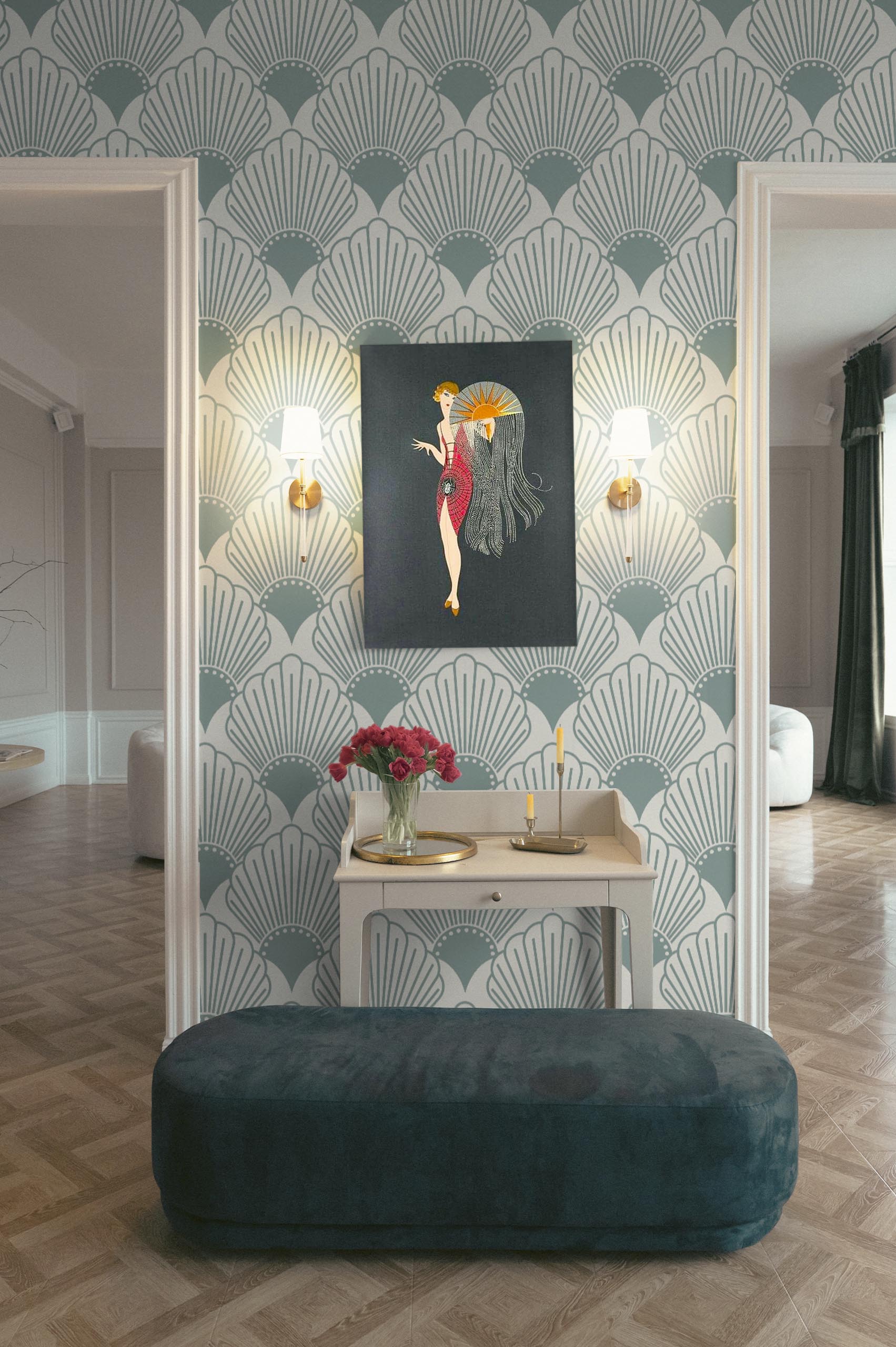 Living room green wallpaper seashells vintage elegance ocean