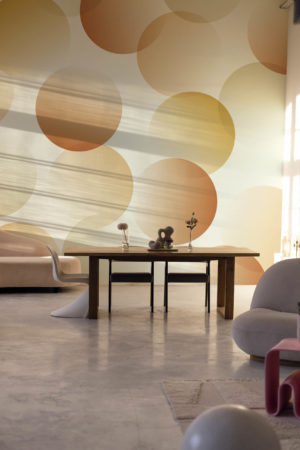 living room terracotta wallpaper spheres in urban pop gradation