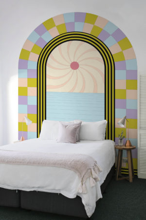 Bedroom wallpaper opening onto the panoramic horizon headboard