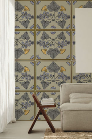 salon bleu papier peint nature art nouveau vintage