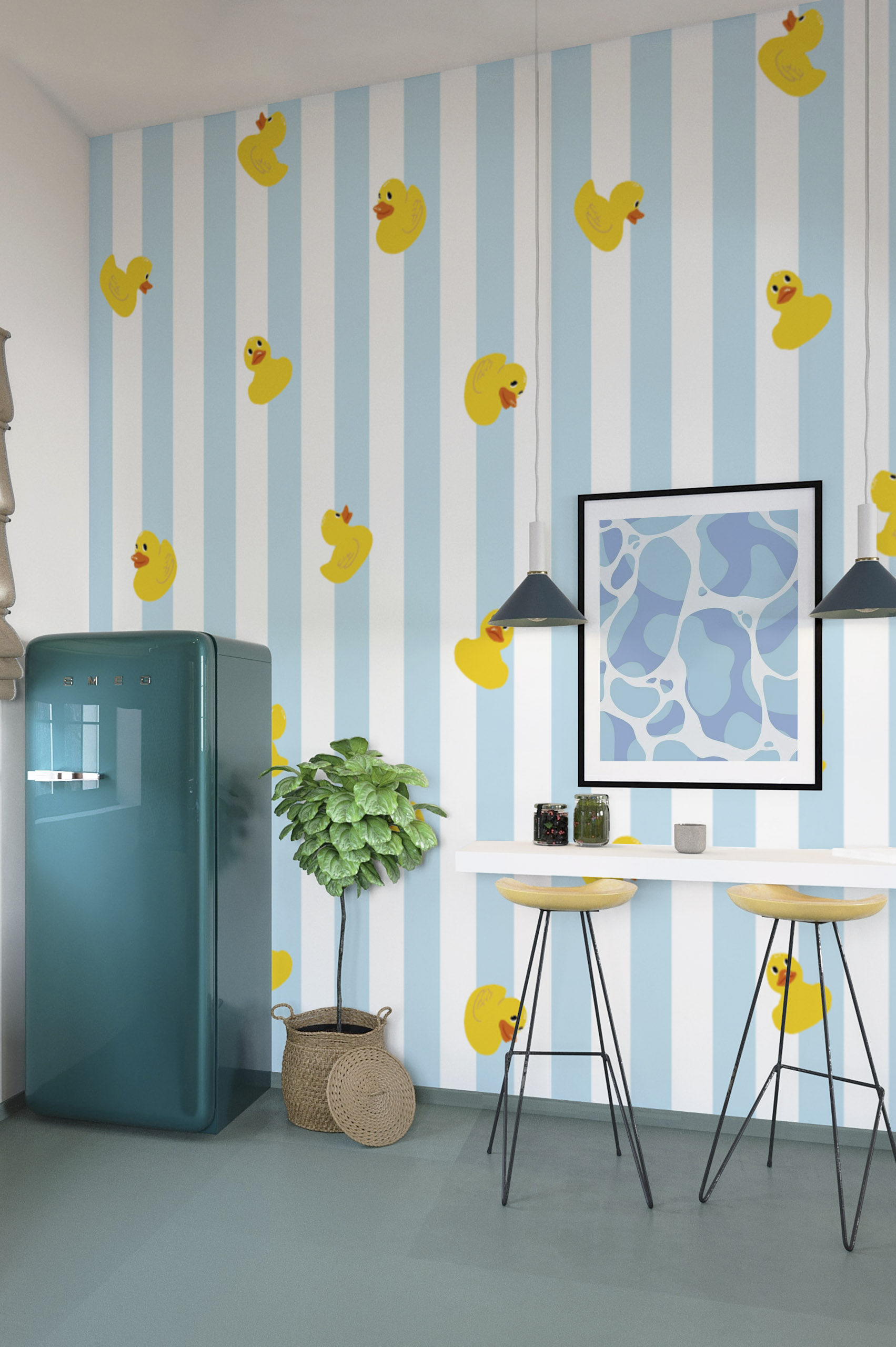 N466 bleu cuisine cuisine bleu papier peint canard jaune enfant zinzin