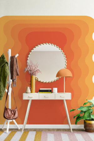 living room orange wallpaper wavy frame fun pop urban