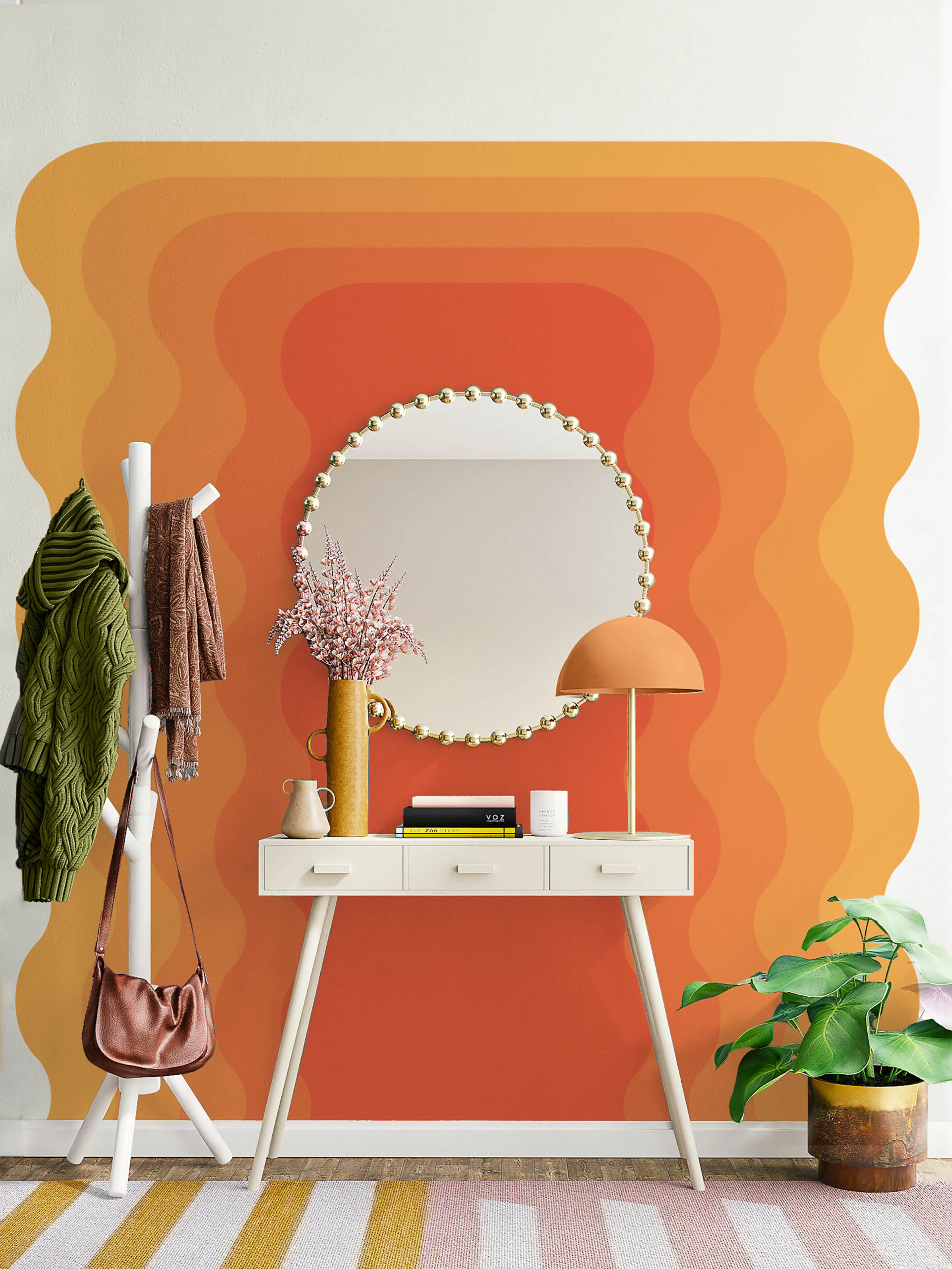 N467 orange living room wallpaper wavy frame urban fun pop living room orange wallpaper wavy frame fun pop urban