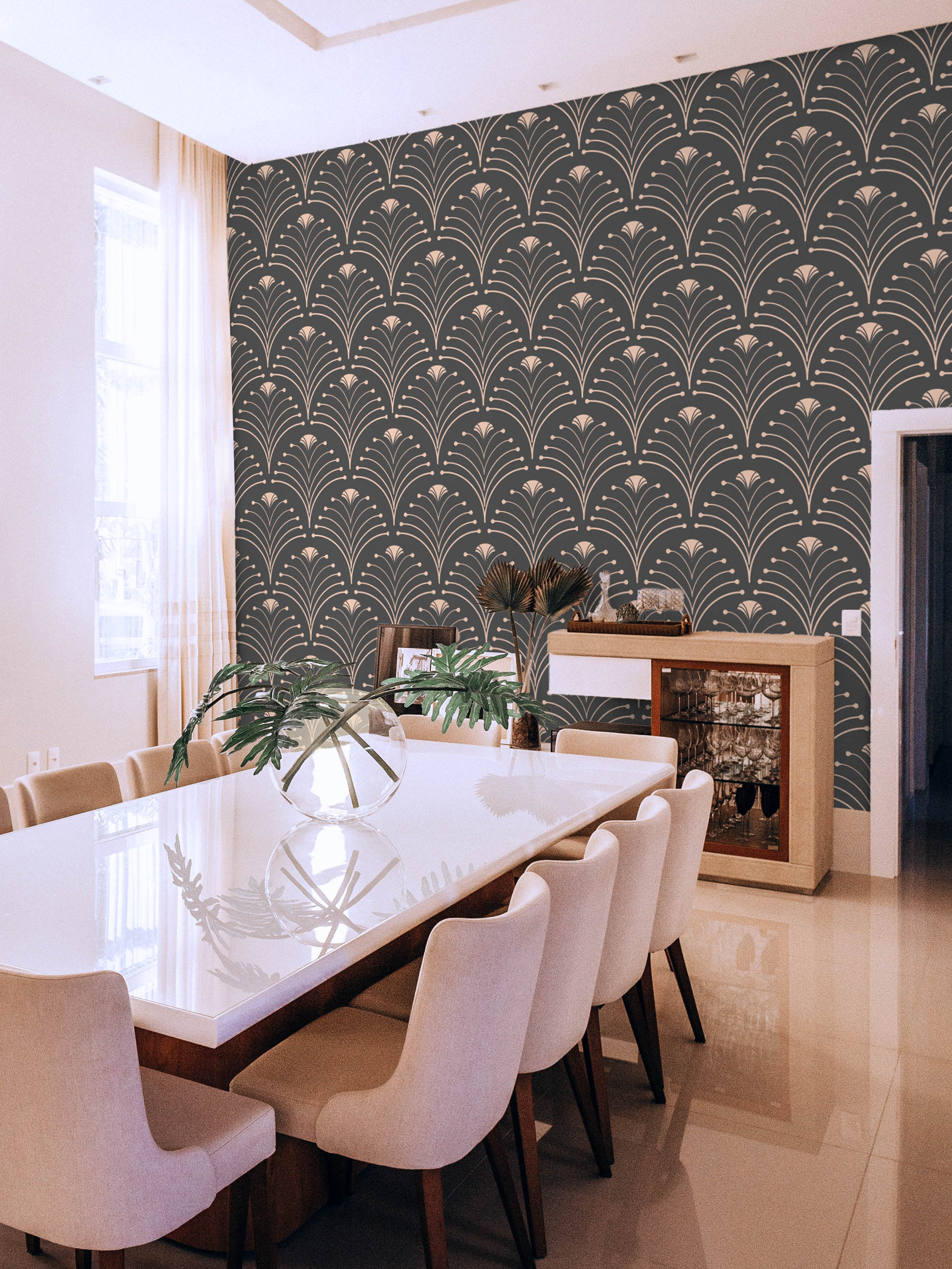 salon gris papier peint flamboyance art déco panoramique vintage luxe