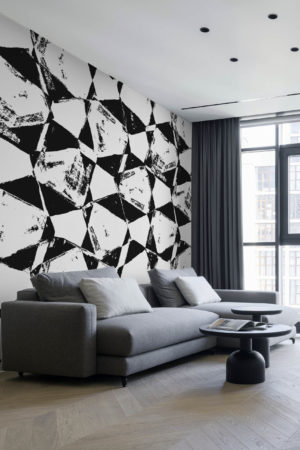 Living Room Black & White Panoramic Abstract Painting Wallpaper