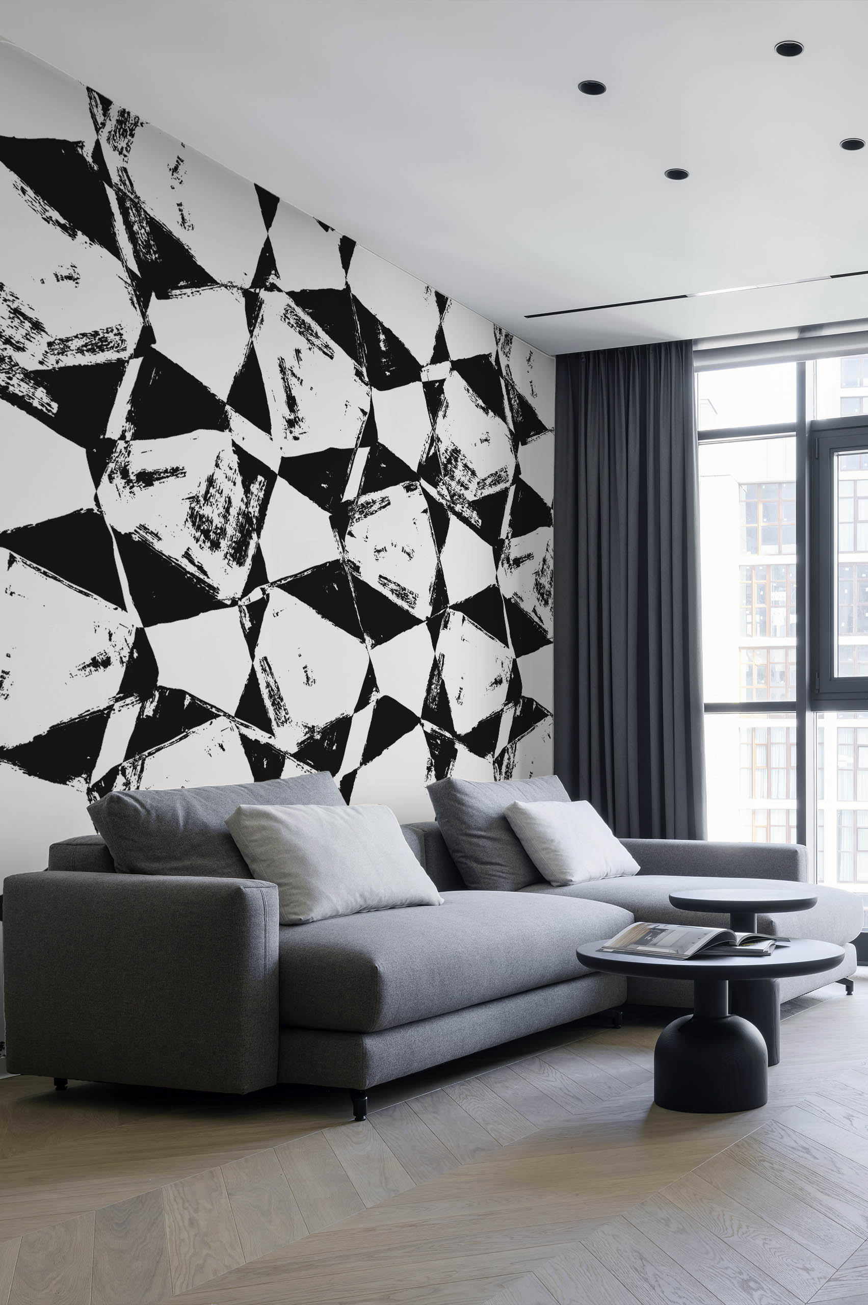 N460 Black Living Room Wallpaper Panoramic Abstract Painting Living Room Black & White Panoramic Abstract Painting Wallpaper